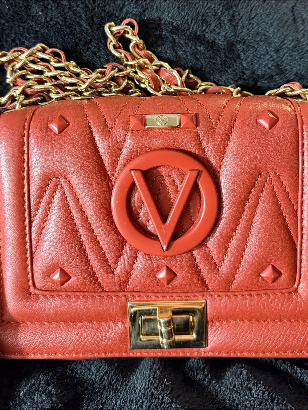MARIO VALENTINO: Beatriz Diamond-Red Leather Chain Shoulder Bag-orig. tag inc.